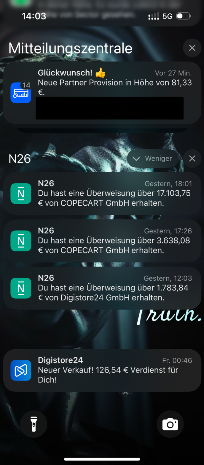 Einnahmen-Screenshot - Benachrichtigungen über Partner-Provisionen